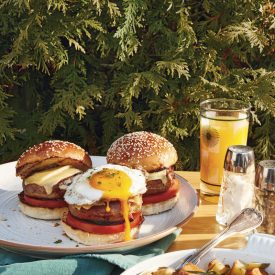 Fire up the grill and try this delicious breakfast sausage burger with packet homefries recipe