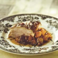 This maple and cider-glazed braised pork belly with spiced apple chutney recipe is perfect for fall