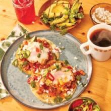 Make the ultimate breakfast skillet! Huevos rancheros with sausage and grilled avocado